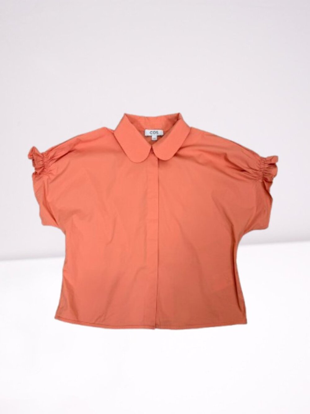 COS NWOT Poplin Crop Blouse Peter Pan Collar Puff Sleeve Size US M Salmon Color - Picture 5 of 9